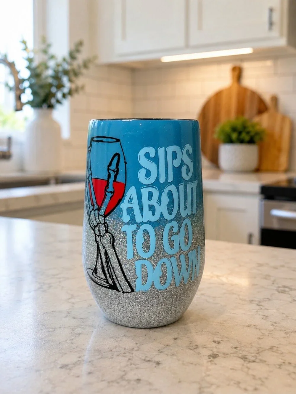Handmade 16oz Wine Tumbler Blue Silver Glitter Skeleton Halloween Drinkware